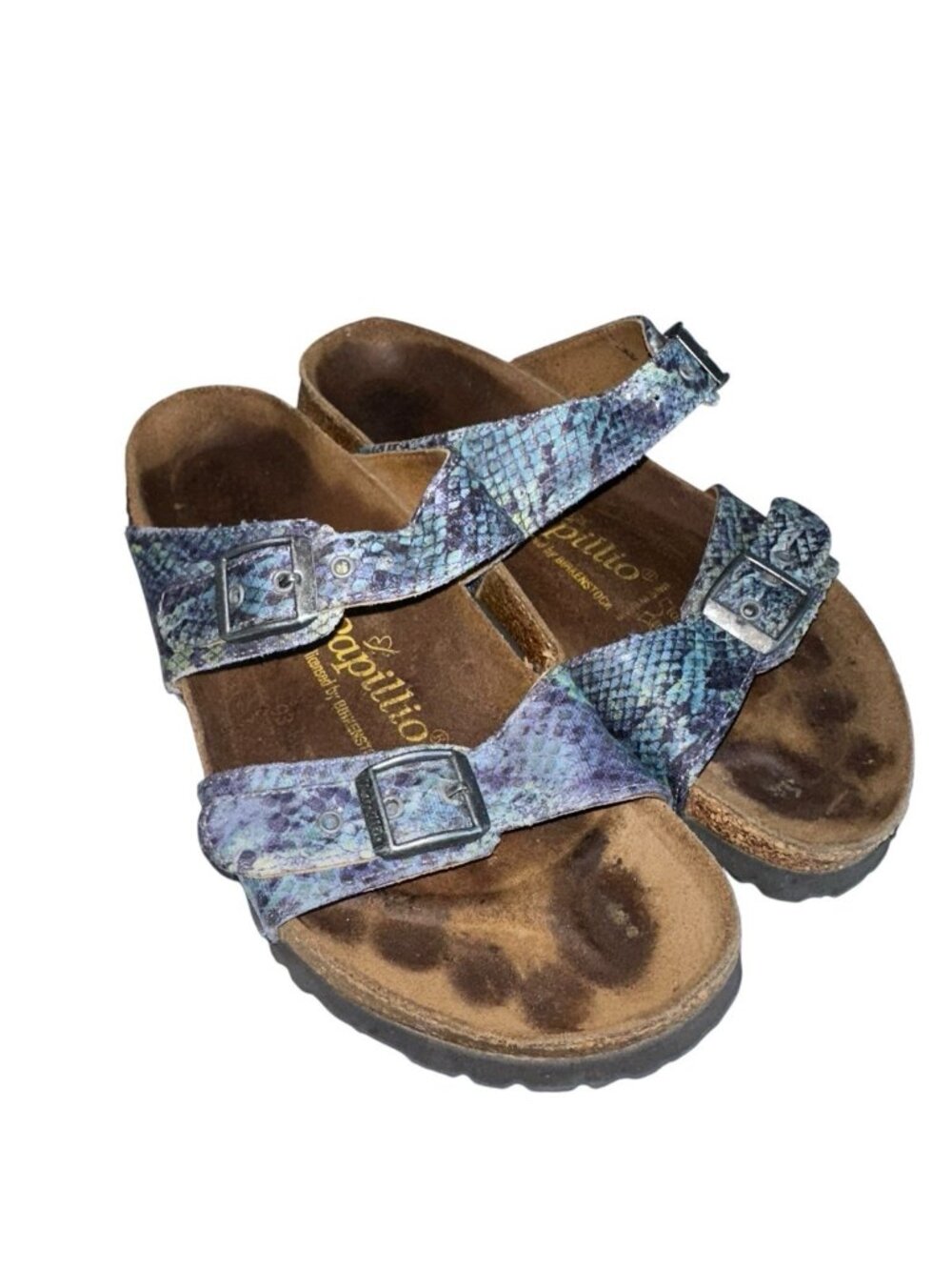 Birkenstock Papillo Sydney Sandals Sz 38 Or 7 Blue Snakeskin Print Faux Leather